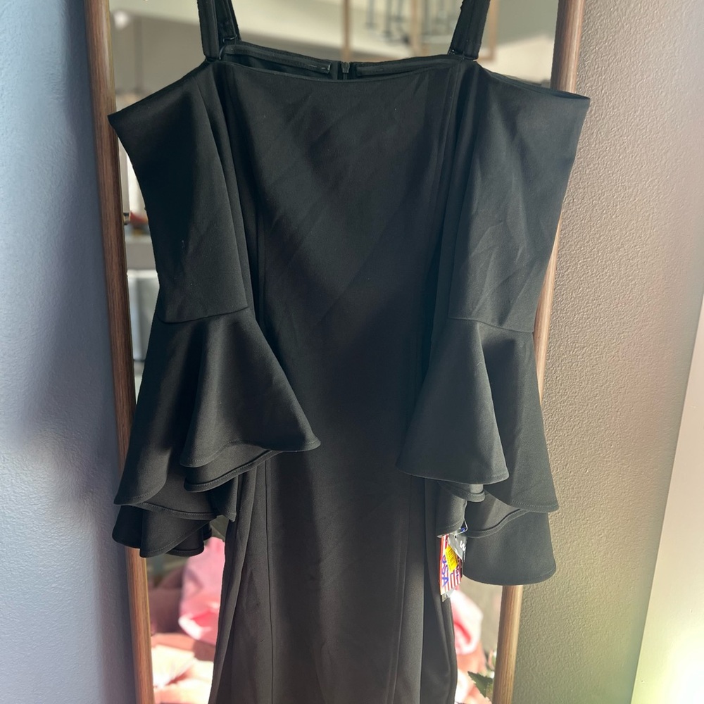 R&M Richards Black Strapless Dress with Ruffled Sleeves